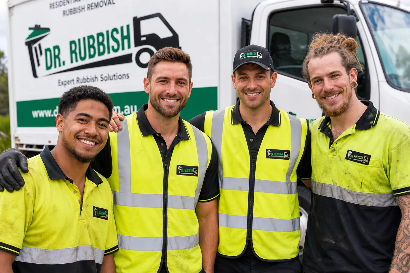 Four smiling Dr. Rubbish crew members in hi-vis uniforms in front of a Dr. Rubbish truck